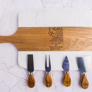 Personalized Marble and Acacia Charcuterie Board Set with Utensils